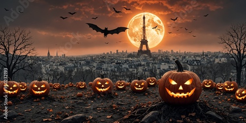 Pumpkins against the Eiffel Tower, sunset in Paris. Halloween holidays, digital illustration photo