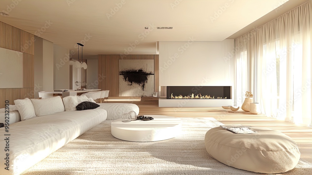 Elegant Sophistication: Contemporary Living Room with Sleek White Fireplace - Perfect Poster for Modern Interior Spaces