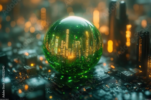 ecofriendly circuit city glowing green crystal sphere nestled in a futuristic metropolis of circuitry pulsing with sustainable energy and hightech innovation