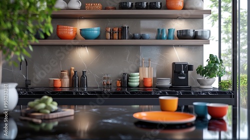 Elevate Your Space with a Striking Black Marble Kitchen Design Featuring Dark Cabinetry and Bright Accents – Perfect as a Poster for Stylish Interior Decor!