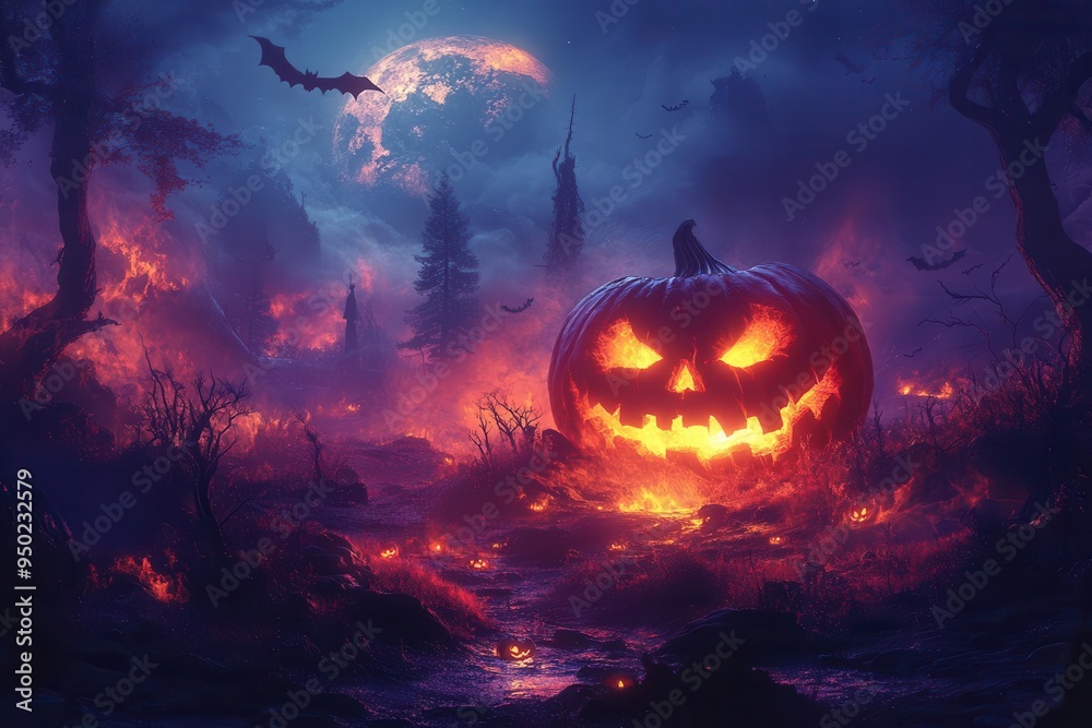 eerie jackolantern glowing in misty moonlit forest twisted trees cast long shadows as silhouetted bats swoop overhead rich oranges and deep purples create a spooky halloween atmosphere eerie jackolantern glowing in misty moonlit forest twisted trees cast long shadows as silhouetted bats swoop overhead rich oranges and deep purples create a spooky halloween atmosphere