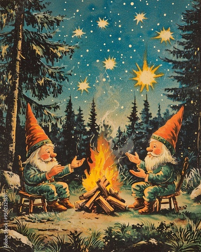 Two gnomes sit by a campfire under a starry night sky.