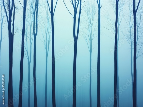 A misty forest with tall, bare trees reaching towards the sky. The fog creates a sense of mystery and intrigue.