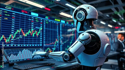 Robot analyzing stock market data on multiple screens with charts and graphs, showcasing AI's impact on finance and trading. AI-generated.