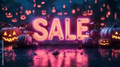 Bright neon SALE sign amidst glowing Halloween pumpkins, showcasing a festive and spooky discount event. Perfect for Halloween promotions. photo