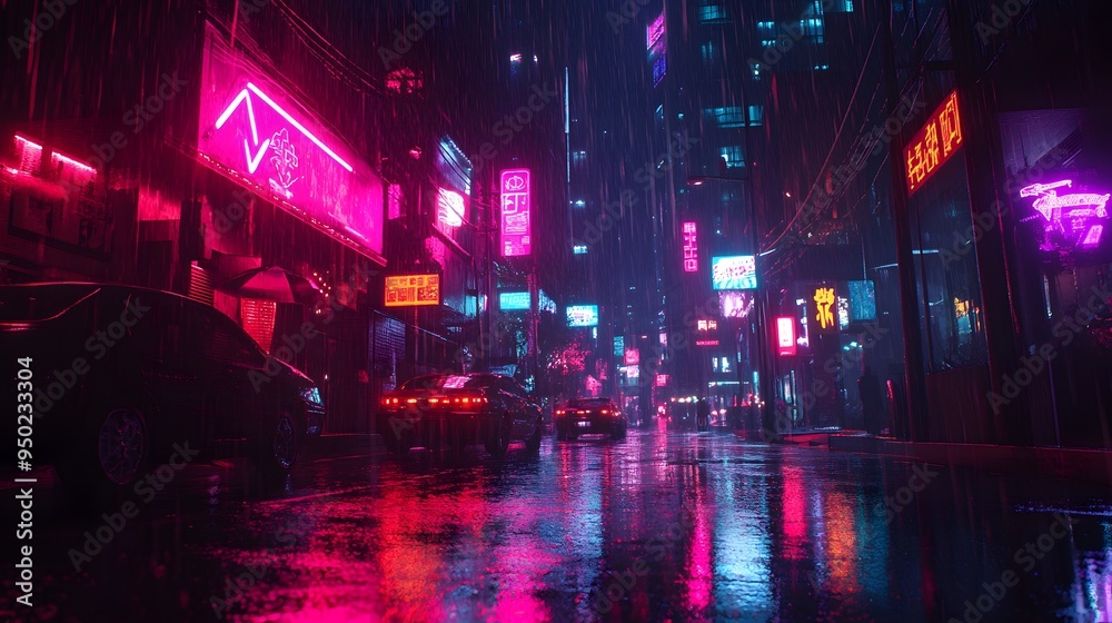 Obraz premium A cyberpunk-inspired urban environment with neon lights and reflective rain-soaked streets