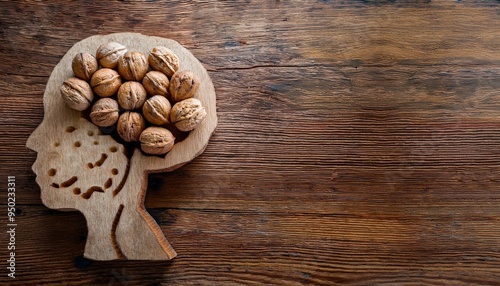 Close-up of walnuts shaped like a brain on a rustic wooden table, natural brain food, symbolic imagery. health food lifestyle photo