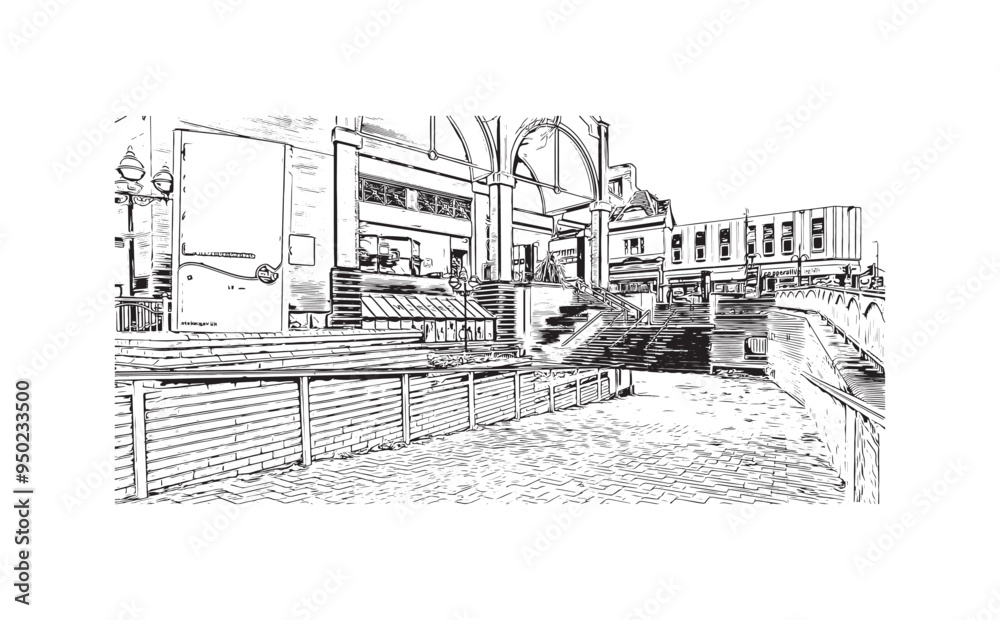 Print Building view with landmark of Hanley is the town in England. Hand drawn sketch illustration in vector. Print Building view with landmark of Hanley is the town in England. Hand drawn sketch illustration in vector.