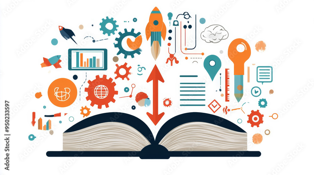 Fototapeta premium Rocket and Infographic Elements Emerging from Open Book Symbolizing Learning
