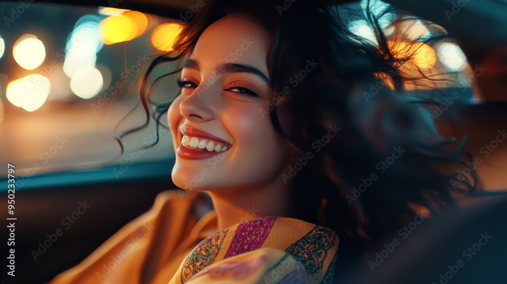 Fototapeta premium Nighttime Radiance: A radiant young woman with captivating dark curls smiles brightly from within a car, her joy illuminated by the warm glow of city lights. 