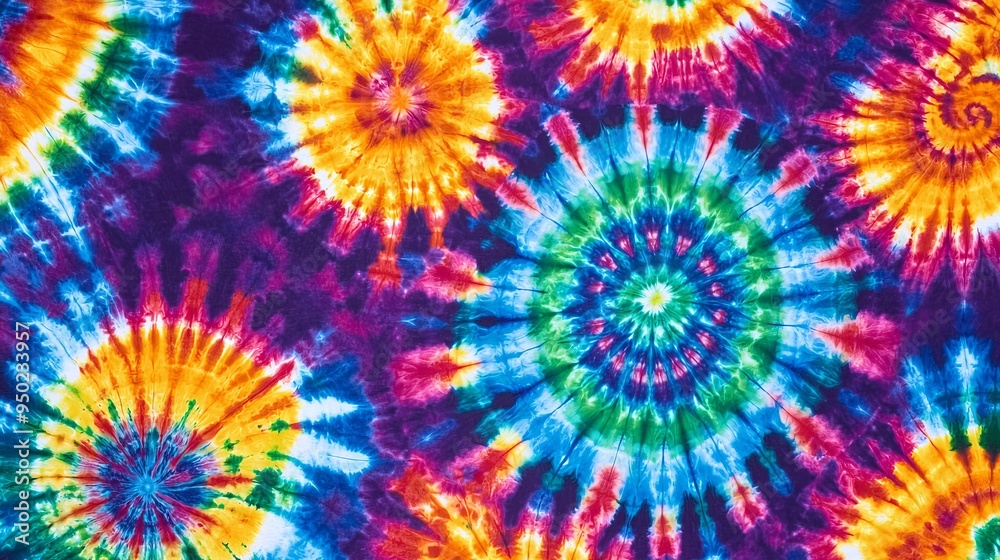 Hippie-style tie-dye patterns with swirling, bright colors and a groovy aesthetic