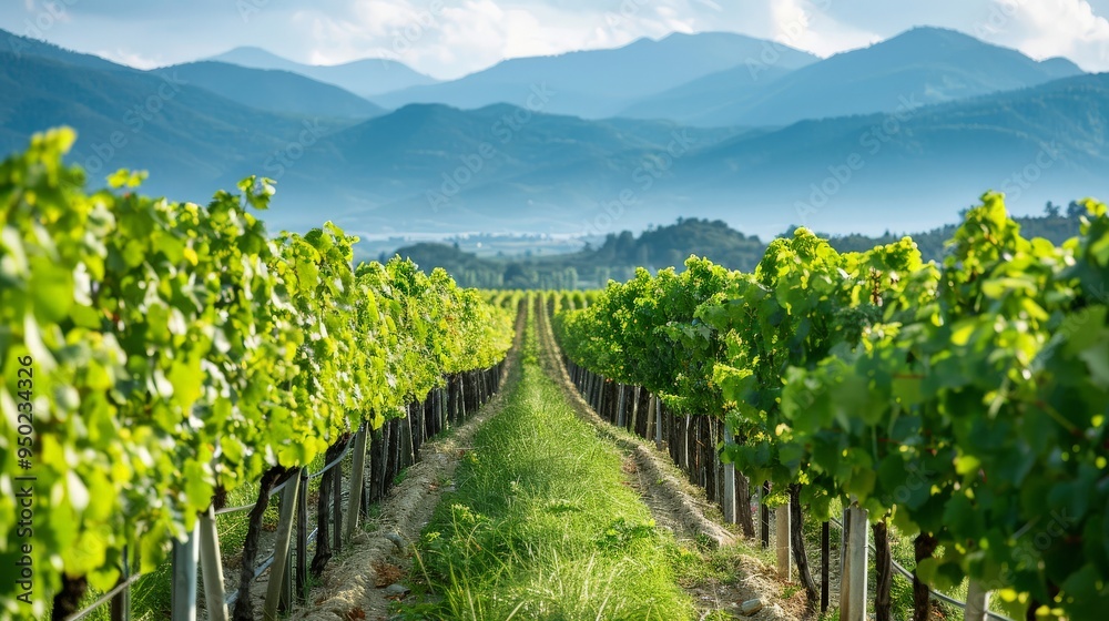Fototapeta premium Rows of grapevines in a vineyard with mountains in the background
