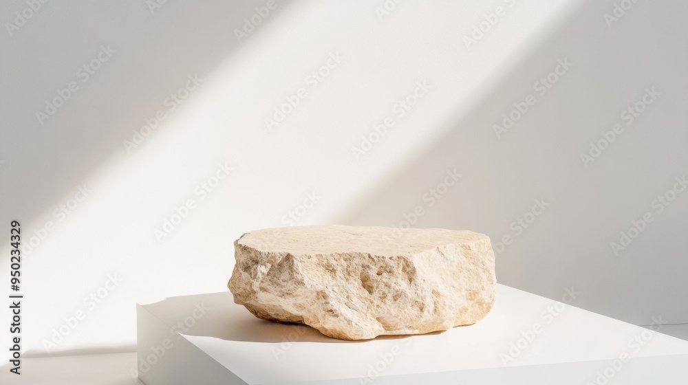 Serene Minimalist Sandstone Podium on White Background with Soft Light Beams and Natural Texture Serene Minimalist Sandstone Podium on White Background with Soft Light Beams and Natural Texture