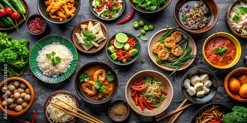 Top view of assorted Asian food in bowls, Asian, food, cuisine, Asian cuisine, top view, bowls, various, traditional Top view of assorted Asian food in bowls, Asian, food, cuisine, Asian cuisine, top view, bowls, various, traditional