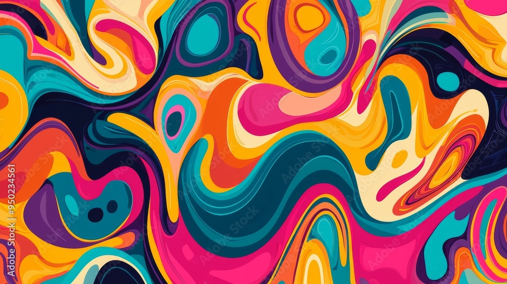 Groovy wave patterns with bright, swirling colors and abstract shapes in 60s style Groovy wave patterns with bright, swirling colors and abstract shapes in 60s style