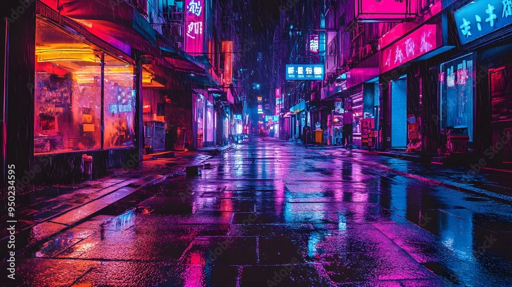 Fototapeta premium A neon-lit cyberpunk alley with wet streets and reflective surfaces at night
