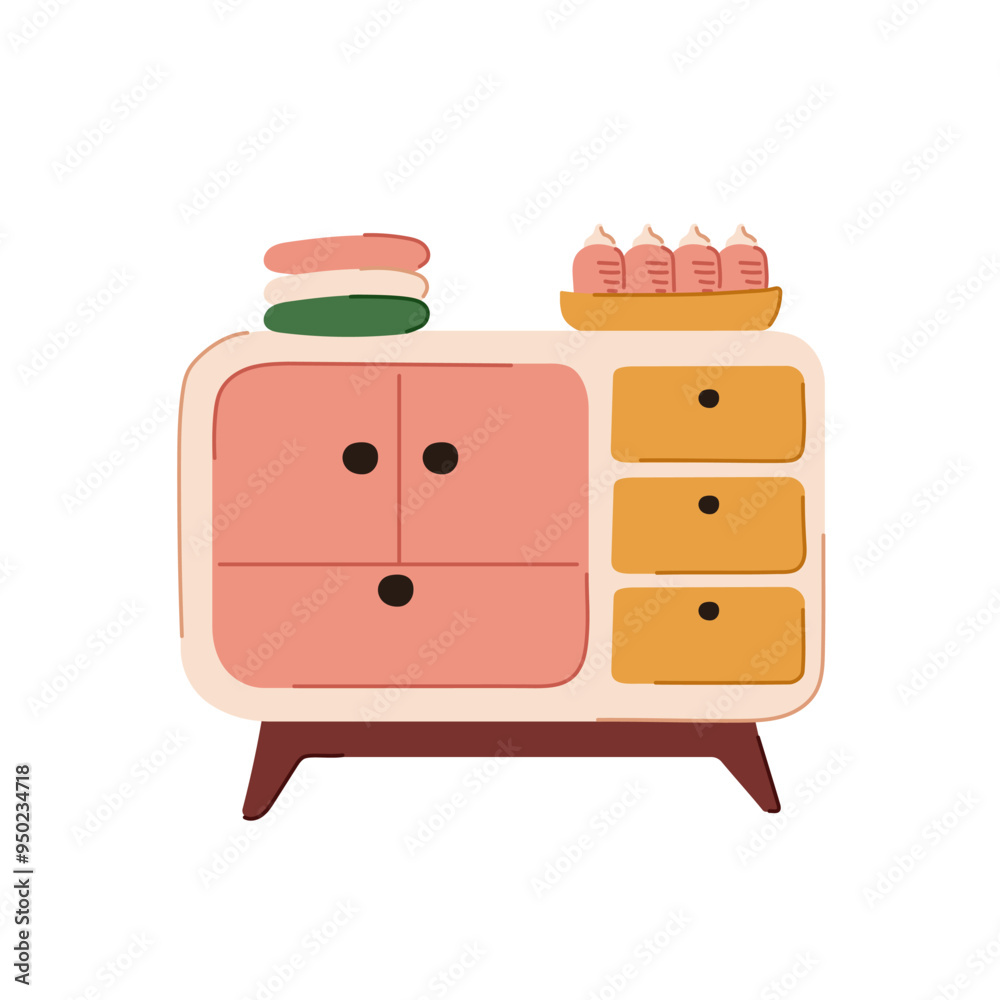 Chest of drawers for nursery in flat style. Stack of clothes and a set of feeding bottles for baby. Vector illustration isolated on a white background. Chest of drawers for nursery in flat style. Stack of clothes and a set of feeding bottles for baby. Vector illustration isolated on a white background.