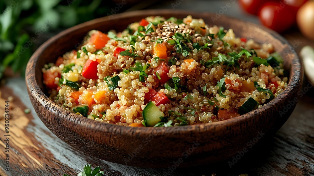 A wooden bowl filled with a colorful quinoa salad, vegetables, and sesame seeds.