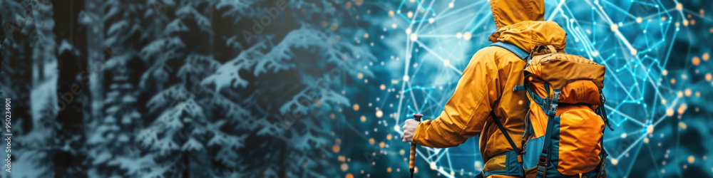 Fototapeta premium A person in a yellow jacket stands in a snowy forest at dawn, surrounded by glowing digital connections in the air
