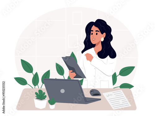 Therapist sits at the table with a laptop, studies the results of the examination and analyzes the patient data. Vector illustration in flat style