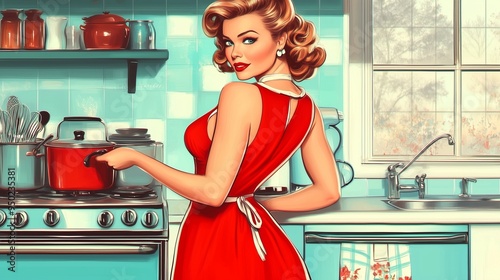 Pin up woman in kitchen cooking dinner. 1950s housewife