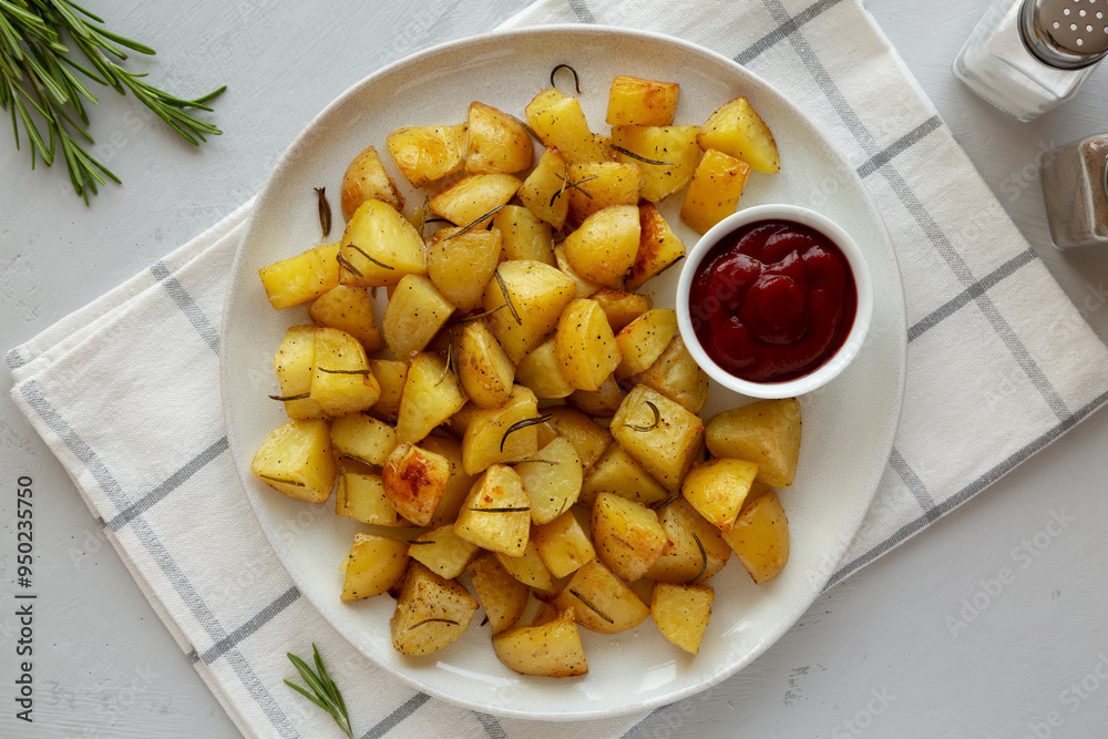 Homemade Oven Roasted Potatoes with Ketchup on a Plate, top view. Homemade Oven Roasted Potatoes with Ketchup on a Plate, top view.