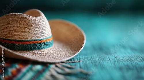 A straw hat featuring a colorful band rests on a wooden table, conveying a relaxed and summery vibe, ideal for a casual outdoor lif**s**le or vacation mood. photo