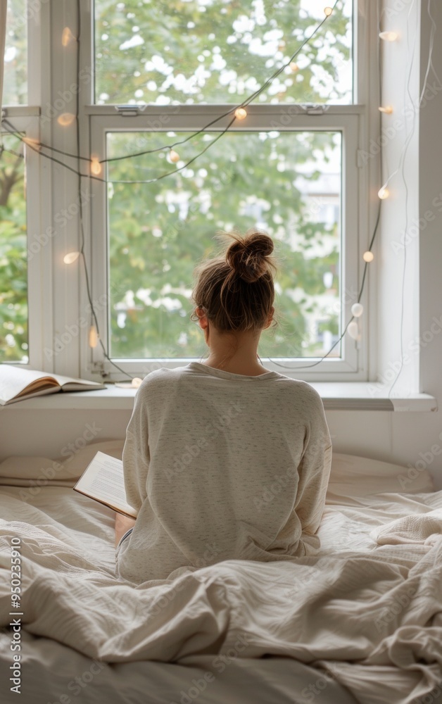 Young Fair-Skinned Woman in Cozy Dorm Room Reading Book with Warm Lighting and Vintage Decor, Daytime, Relaxed Atmosphere Young Fair-Skinned Woman in Cozy Dorm Room Reading Book with Warm Lighting and Vintage Decor, Daytime, Relaxed Atmosphere