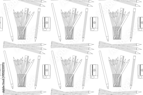 Seamless pattern of school supplies in black and white for coloring. Features pencils, sharpeners, and rulers for back-to-school fun.