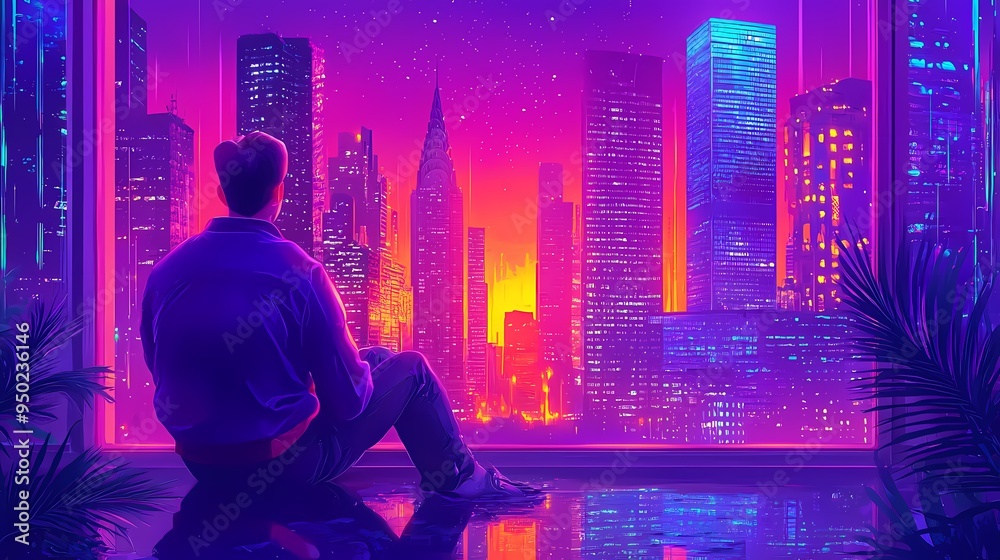 A contemplative young man sits by a window overlooking a vibrant city skyline at night. A contemplative young man sits by a window overlooking a vibrant city skyline at night.