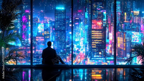 A contemplative man gazes over a vibrant cityscape at night.