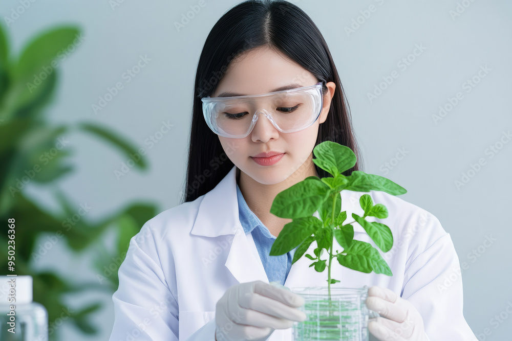 Scientist examining a young plant in a laboratory, focused on research and growth, wearing protective eyewear and gloves, surrounded by greenery and scientific equipment Scientist examining a young plant in a laboratory, focused on research and growth, wearing protective eyewear and gloves, surrounded by greenery and scientific equipment