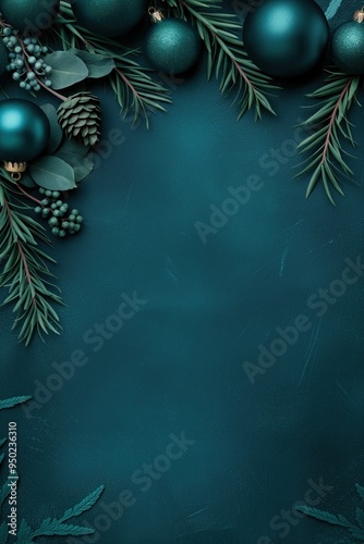 Christmas holiday background with green baubles and pine branches on dark surface