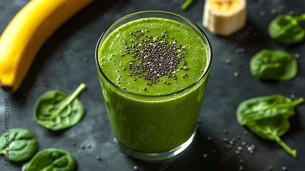 A refreshing green smoothie blended with banana, spinach, and chia seeds. A refreshing green smoothie blended with banana, spinach, and chia seeds.