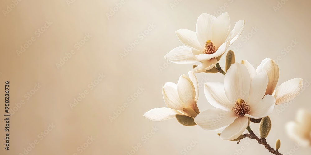 Obraz premium A gentle abstract background featuring magnolia flowers in white and beige tones, with ample copy space