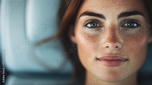 A close-up image of a green-eyed woman with freckles, resting her head on an airplane seat, showcasing a calm and serene expression as she looks at the camera.