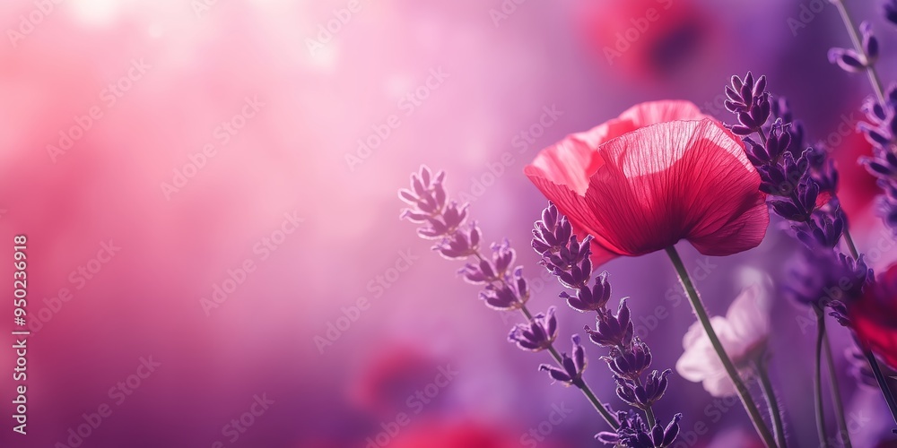 Obraz premium An abstract background featuring vibrant poppies and lavender against a soft, gentle light with ample copy space