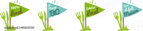 Logo fourchette drapeau : je mange bio, acheter local, produit du terroir, fait maison, de saison