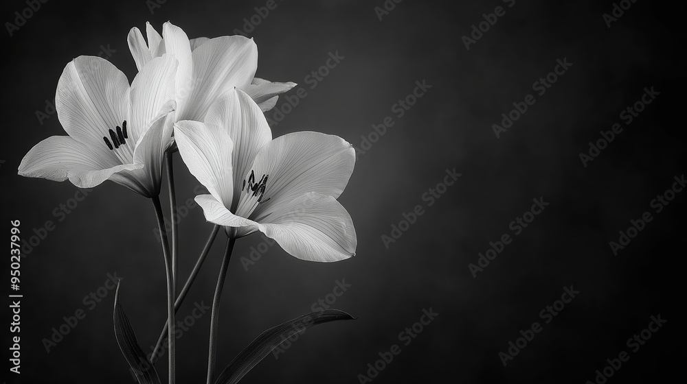 Fototapeta premium A black and white image of three white freesia flowers against a dark, abstract background with ample copy space