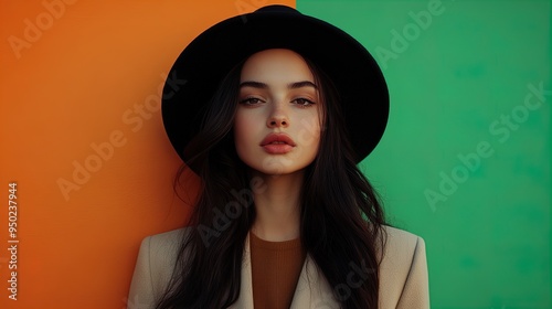 Chic Minimalism: Female Model in Beige Coat and Black Hat Against Vibrant Orange and Green Background – Perfect for Fashion Posters and Trendy Interior Decor