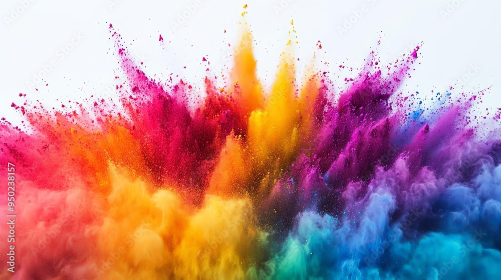 A dramatic burst of multicolored powder, with vibrant hues swirling and mixing in the air, creating a dynamic and energetic visual against a clean white backdrop A dramatic burst of multicolored powder, with vibrant hues swirling and mixing in the air, creating a dynamic and energetic visual against a clean white backdrop