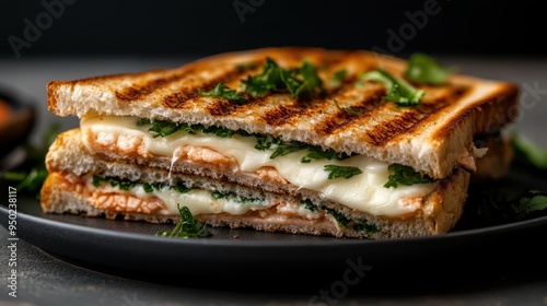 A delicious grilled cheese sandwich highlighted by melting cheese, fresh herbs, and a touch of creativity. This dish is presented on a black plate in a modern setting.