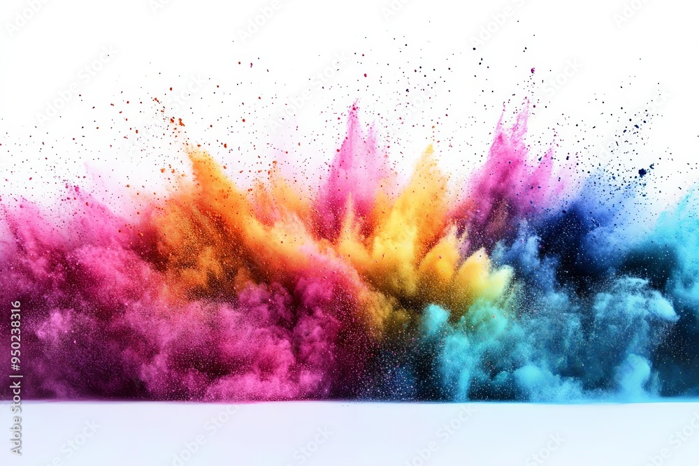 A dynamic cloud of colorful powder, with particles spreading out in a vibrant explosion, creating a sense of movement and energy against a pristine white background