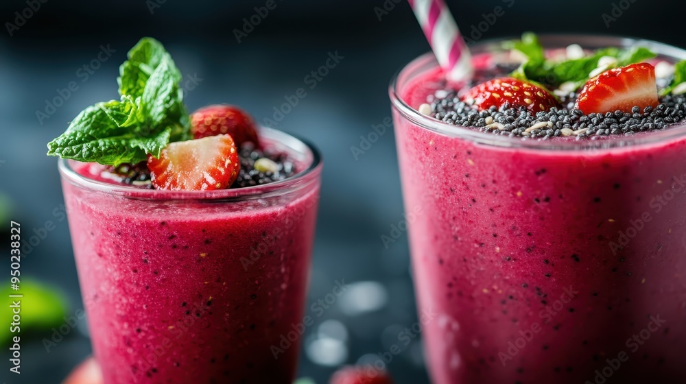 Two glasses of vibrant berry smoothie garnished with fresh strawberries, mint leaves, and chia seeds, captured on a dark surface, showcasing freshness and texture. Two glasses of vibrant berry smoothie garnished with fresh strawberries, mint leaves, and chia seeds, captured on a dark surface, showcasing freshness and texture.