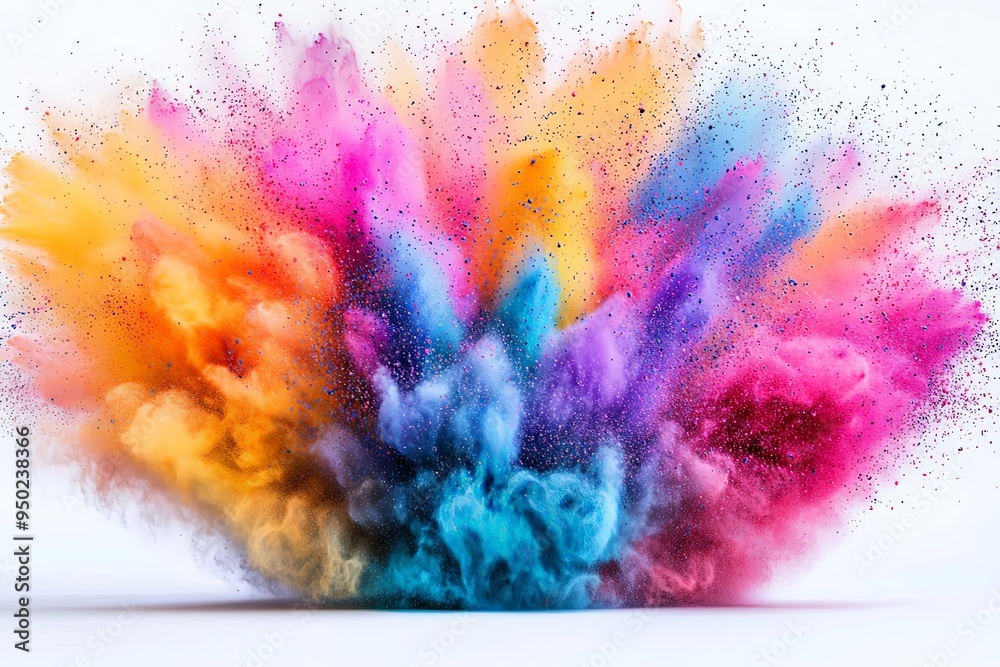 A dynamic cloud of multicolored powder, captured in a swirling explosion, with vibrant hues and fine particles creating depth and motion against a white background A dynamic cloud of multicolored powder, captured in a swirling explosion, with vibrant hues and fine particles creating depth and motion against a white background
