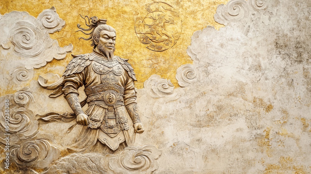 Stucco mural of the Monkey King standing on a golden mountain, with grey clouds swirling around him and traditional Chinese symbols in the sky Stucco mural of the Monkey King standing on a golden mountain, with grey clouds swirling around him and traditional Chinese symbols in the sky