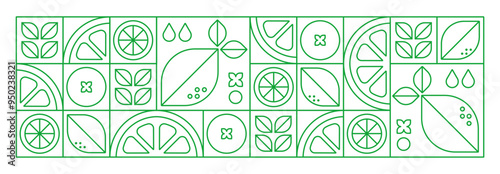 Abstract lemons and leaves. Summer botanical geometric background. Linear monochrome vector illustration. Bauhaus trendy minimalist style. Seamless pattern. Set of icons in flat style.