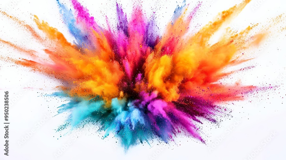 A powerful and vibrant explosion of colorful powder, with hues mixing and swirling in midair, creating a dynamic and energetic visual on a clean white backdrop A powerful and vibrant explosion of colorful powder, with hues mixing and swirling in midair, creating a dynamic and energetic visual on a clean white backdrop