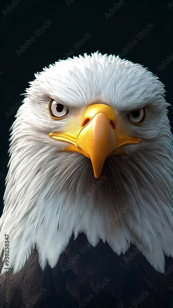 A bald eagle, nods its head slightly, its sharp eyes focused and intense, a majestic creature against a dark background A bald eagle, nods its head slightly, its sharp eyes focused and intense, a majestic creature against a dark background