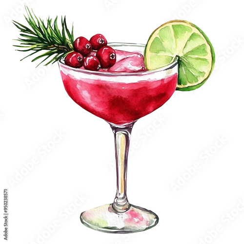 Cranberry margarita.Christmas cocktail decorated with cranberries, rosemary.lime.A festive drink. photo